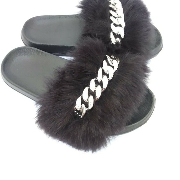 Black Faux Fur Slides/Slippers/With Chain - Picture 4 of 7
